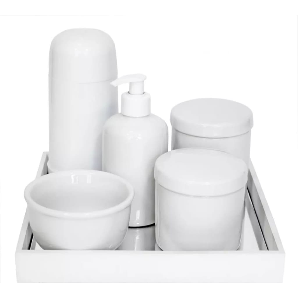 Kit Higiene Bebê Porcelana Potes Saboneteira Bandeja Espelhada Branca Molhadeira.