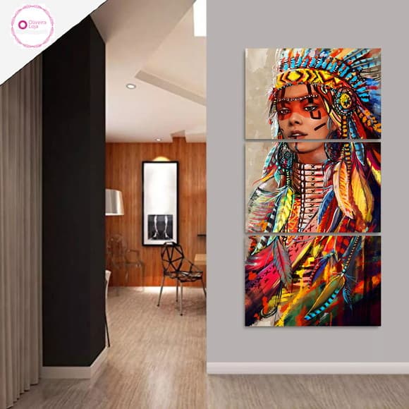 Quadros Decorativo Mosaico 90X50 3 peças Mdf Alta Resolução Full HD Índia Tribos indígenas Mulher