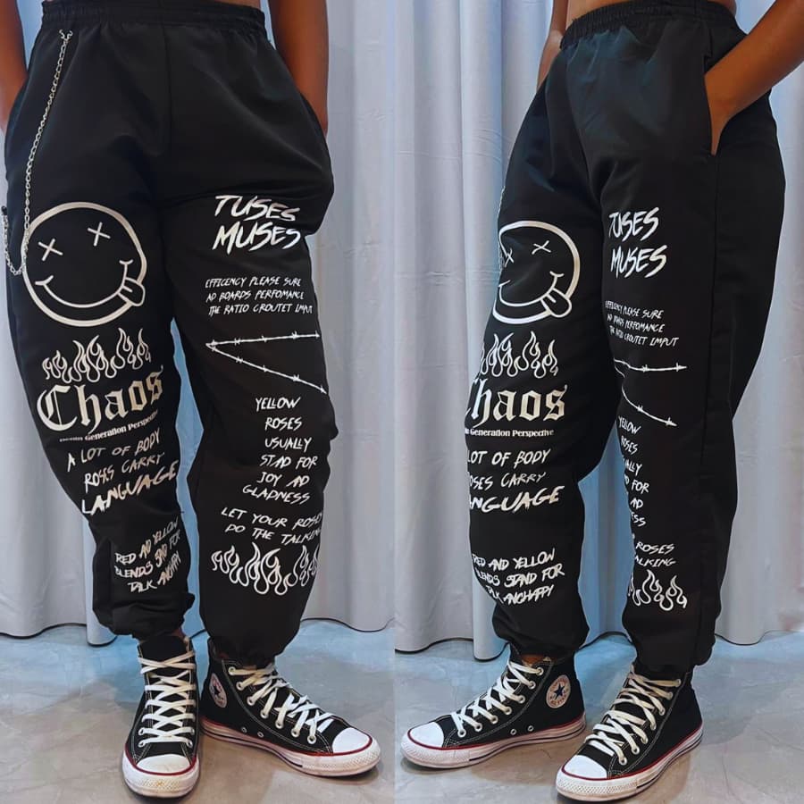 Calça Jogger Feminina Juvenil Smile Tactel de Correntinha Street Emoji Corta Vento Moda Gringa com Bolso