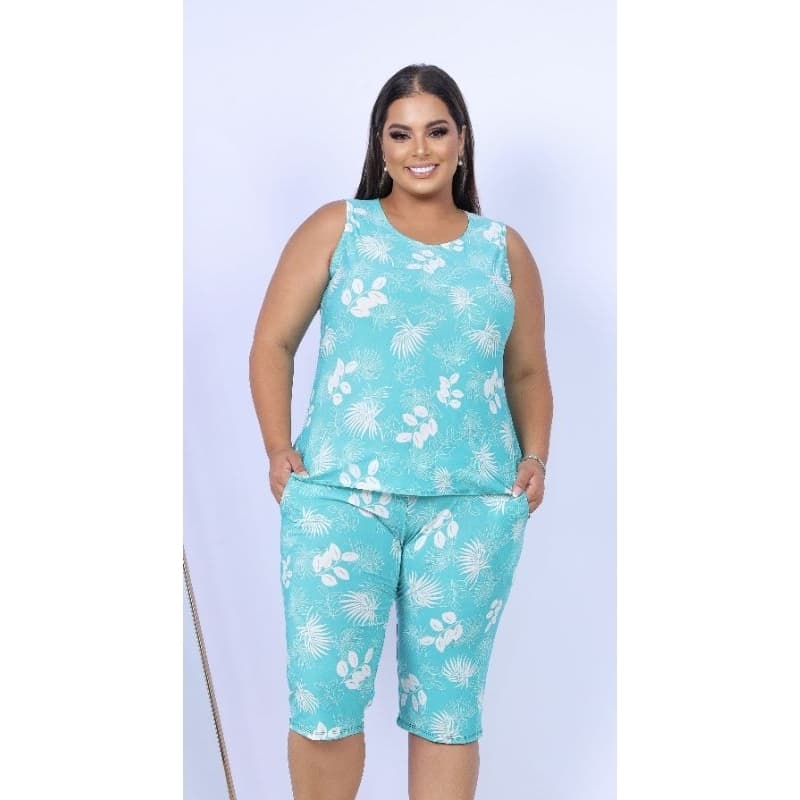 Conjunto regata de senhora bermuda com bolso Plus size malha liganete barato
