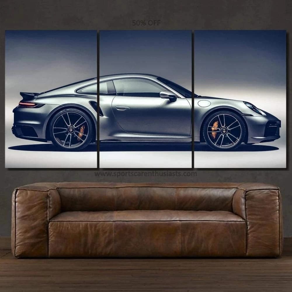 Kit Quadros Decorativo Mosaico 90X50 3 peças MDF Carro PORSCHE 911 Turbo S Sport Sala Quarto