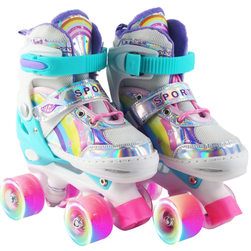 Patins Quad Arco Íris infantil  com bolsa de transporte Tamanho Ajustável rodas q brilham