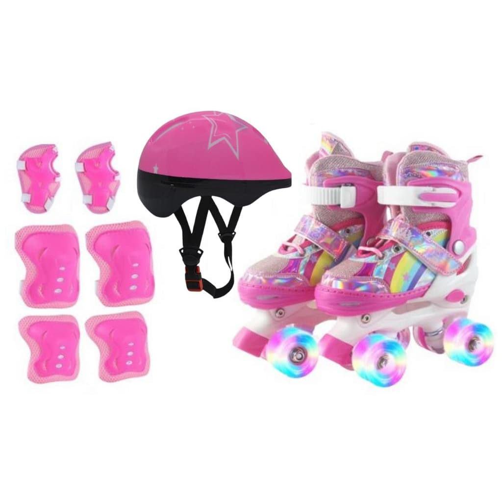 Patins Infantil com regulagem Unicórnio Arco íris Rosa + kit proteção
