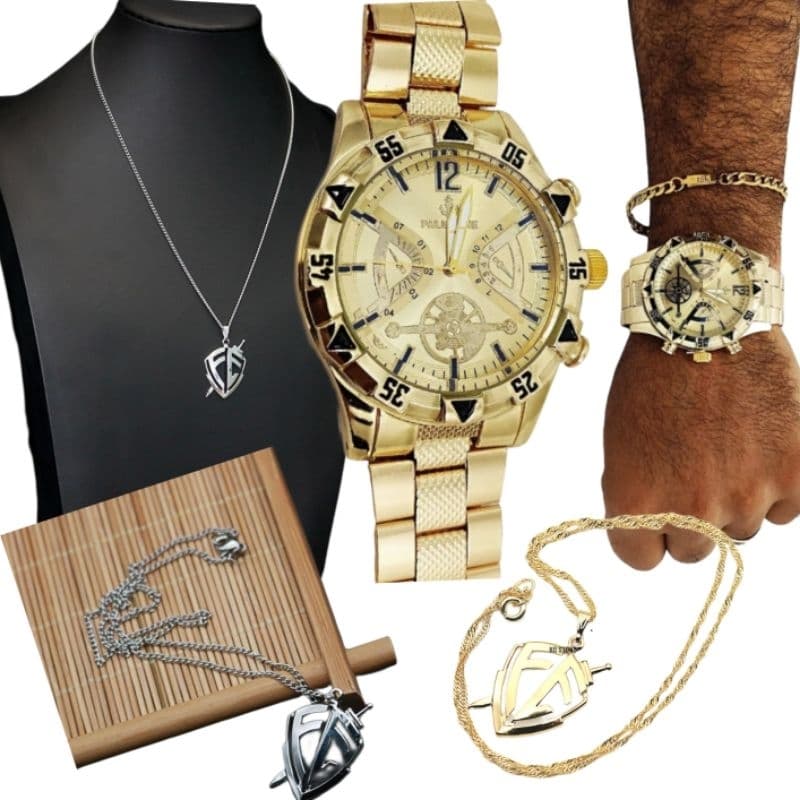 Kit Presente Masculino Corrente Fé + Relogio Dourado de aço + pulseira 18k .2023 Só Hoje
