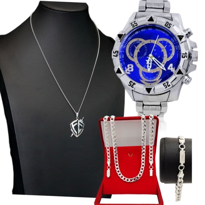 Kit Presente Masculino Relogio Prata + Corrente fé Prata + Pulseira Aço Promoção para pulso original