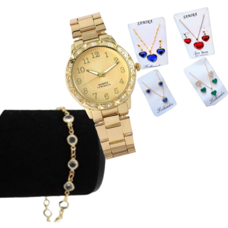 Relogio Feminino redondo + pulseira blogueira+ kit brinco e colar Promoção para o natal