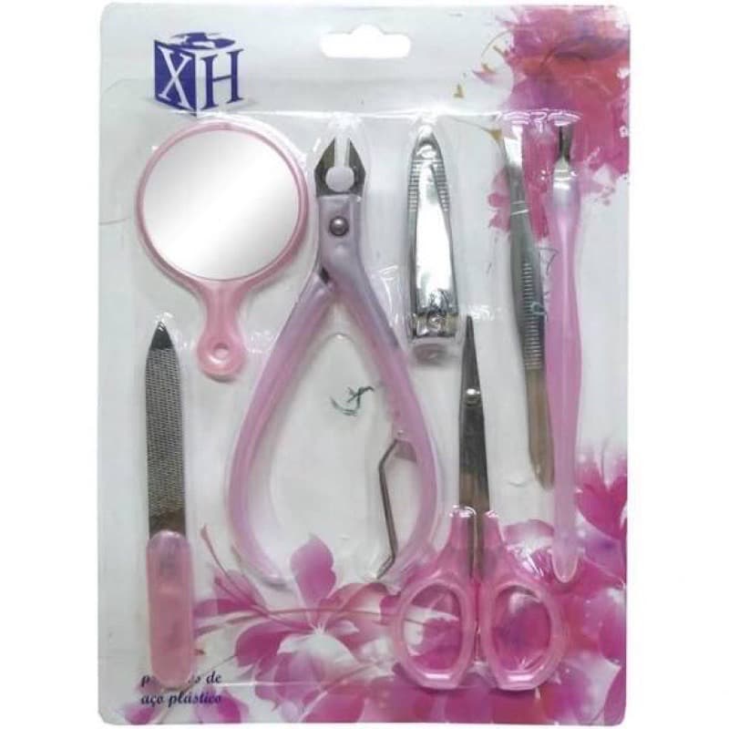 Kit Manicure Rosa / Roxo / Azul Com 7 Peças