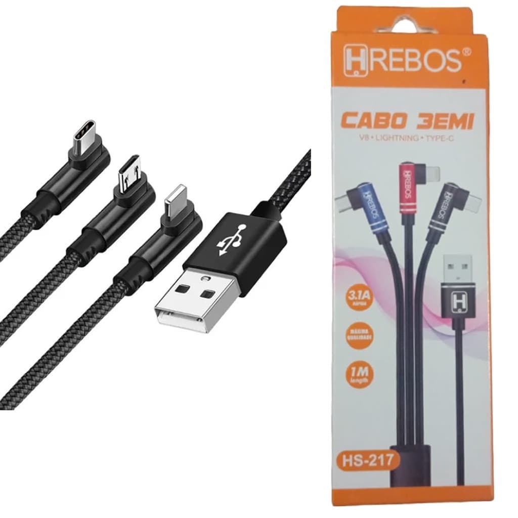 Cabo Carregador turbo 3 em 1 - 3.1A - Iphone Ligthing V8 Tipo C H'rebos HS-217 Entrada Lateral Universal