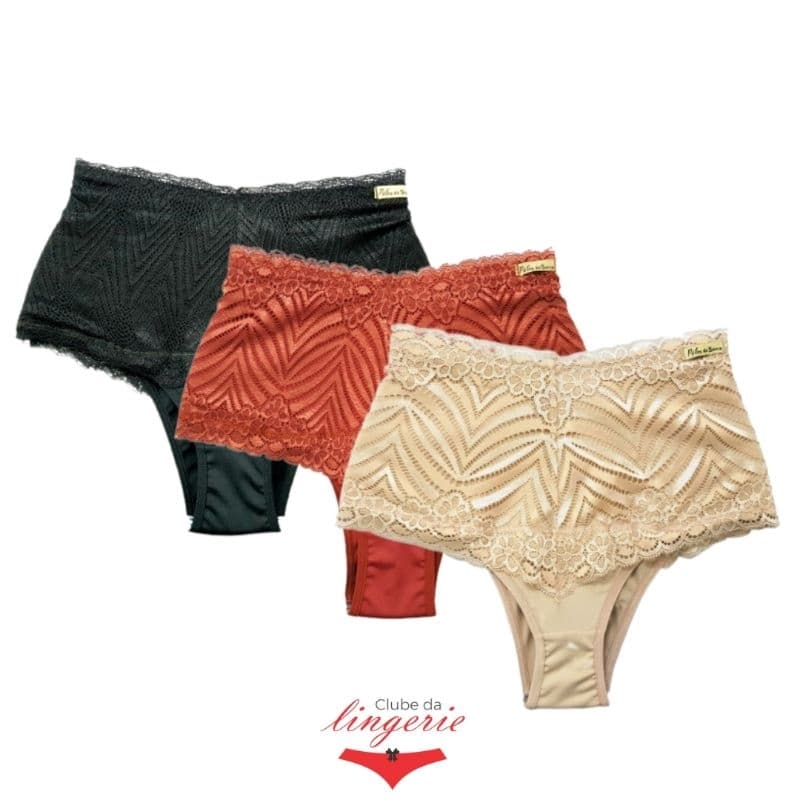 Kit 03 Calcinha Cinta Cintura Alta Tanga Pala Rendada Modeladora