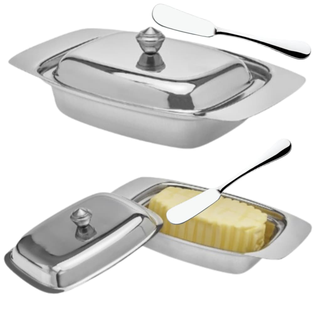 Kit Conjunto Manteigueira Com Espátula em Aço Inox Linha Glamour