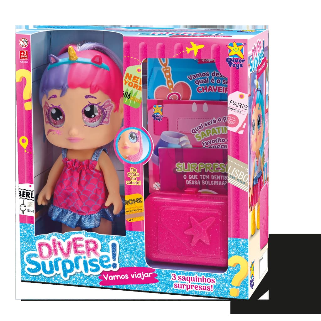 BONECA C 3 SURPRESAS+MALA DE VIAGEM-DIVER SURPRISE-DIVERTOYS