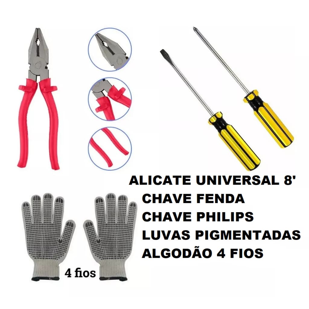 ALICATE UNIVERSAL CHAVE FENDA CHAVE PHILIPS ISOLADOS + LUVAS PIGMENTADAS