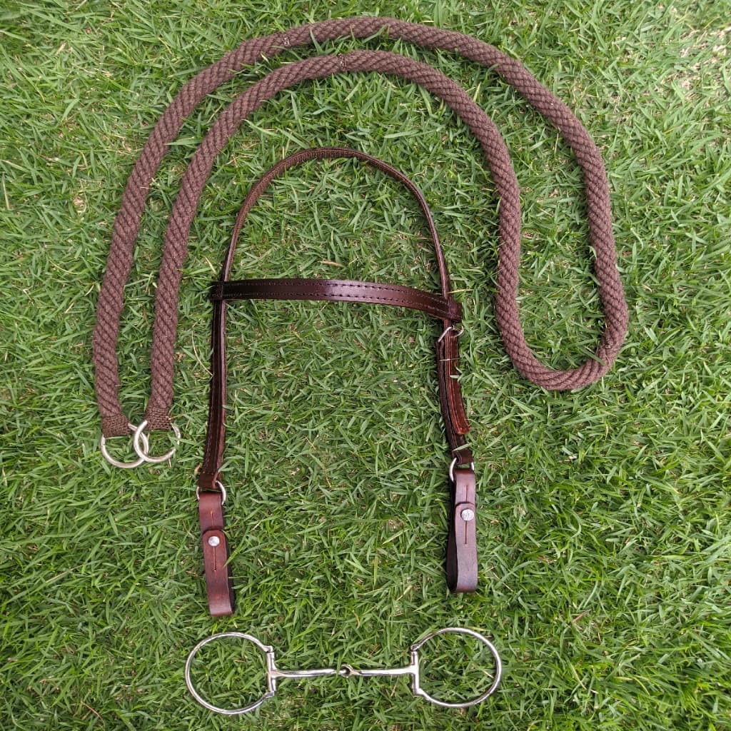 Kit Arreata para Cavalos Montaria Redea de lã trançada + Cabeçada de Couro + Freio Bridão D Mangalarga todas as raças