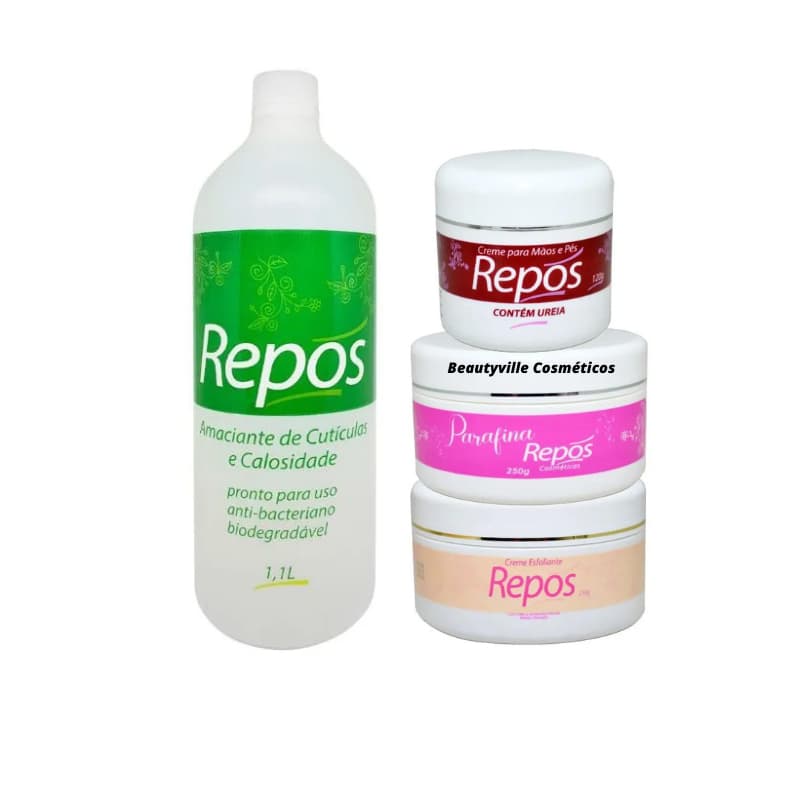 Kit Amaciante Cuticulas Calosidades 1,1 Repos + Esfoliante 250g + Creme Ureia 120g + Parafina Repós