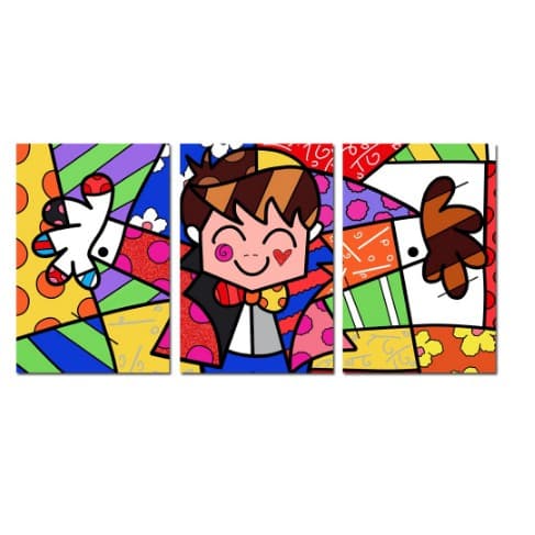 Quadros Decorativo Mosaico 90X50 3 peças Mdf Alta Resolução Full HD Romero Brito Abstrato Colorido