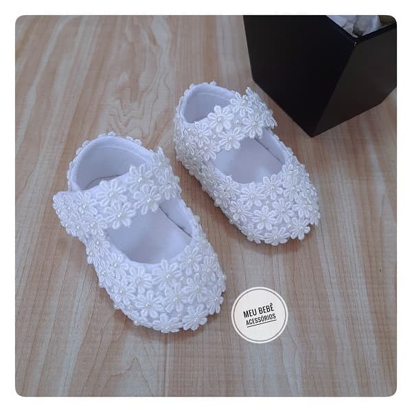 Sapato Batizado Menina Bebê Branco Sapatilha Infantil Batismo Sapatinho de Pérolas Luxo