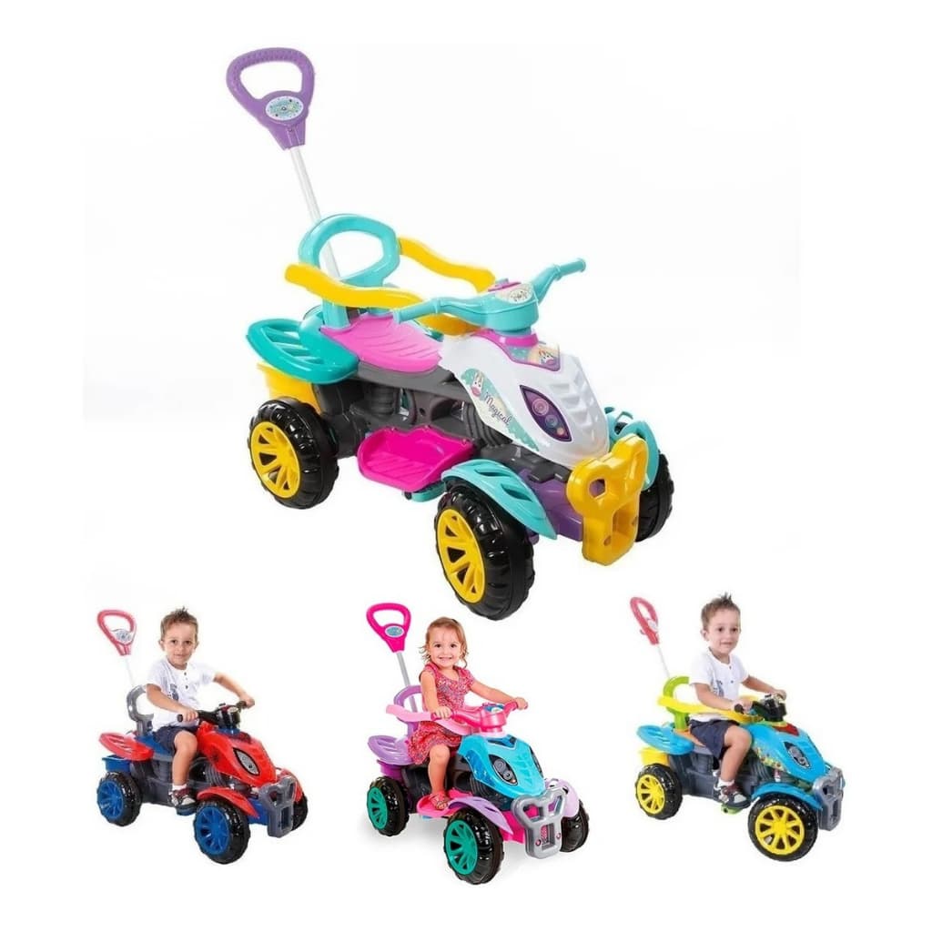 Quadriciclo Carrinho de Passeio Infantil com Haste Pedal Colorido