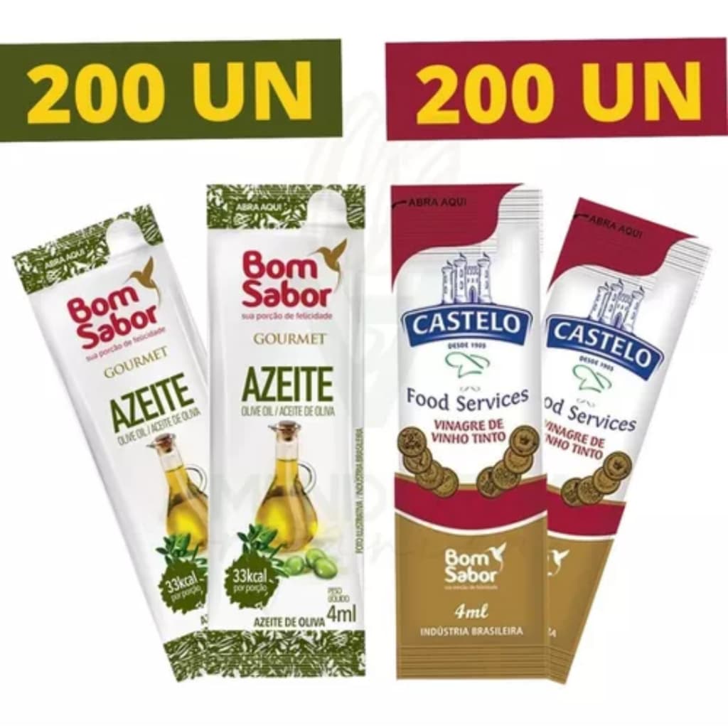 Kit 200 Azeite De Oliva + 200 Vinagre Castelo (400 Sachês) - Individual Restaurante