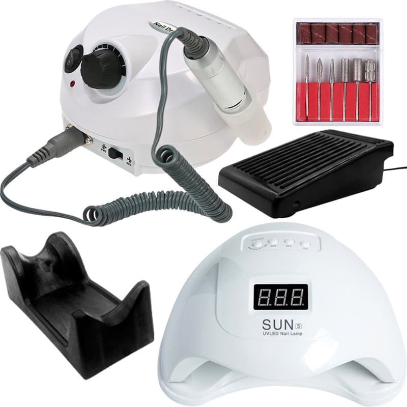 Kit Profissional Cabine Sun 5 Led Uv 48w Unha Gel Acrigel + Motor Porquinho Lixa Lixadeira de Unhas Elétrica Manicure