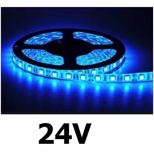Fita Led 24v 5050 Azul IP65 C/ 300 LEDS 5 Metros Adesivo Dupla Face Para Caminhão Ônibus