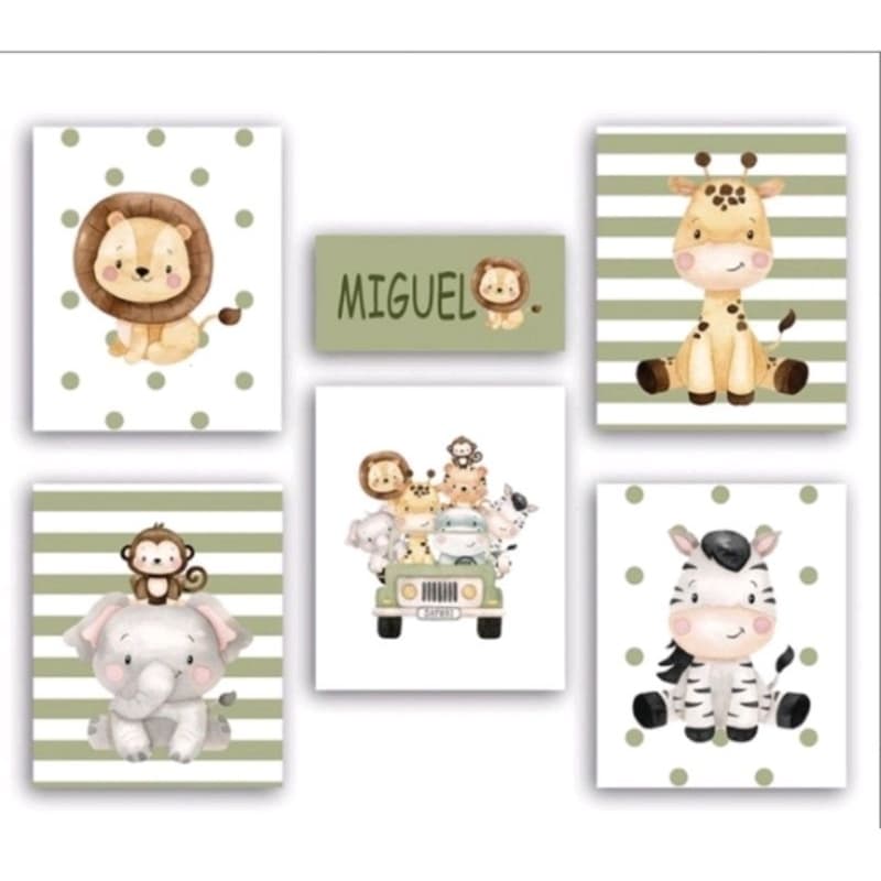 Quadros Decorativos Safari 6 Peças Com o Nome Do Seu Filho(a) Para enxoval.
