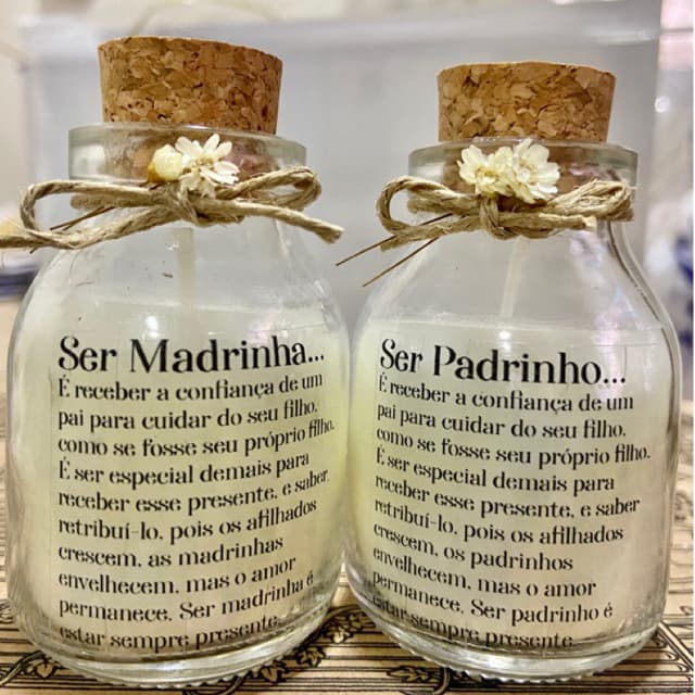 2 Velas Aromáticas - 1 Vela Ser Madrinha + 1 Vela Ser Padrinho 50ml / Batismo / Batizado
