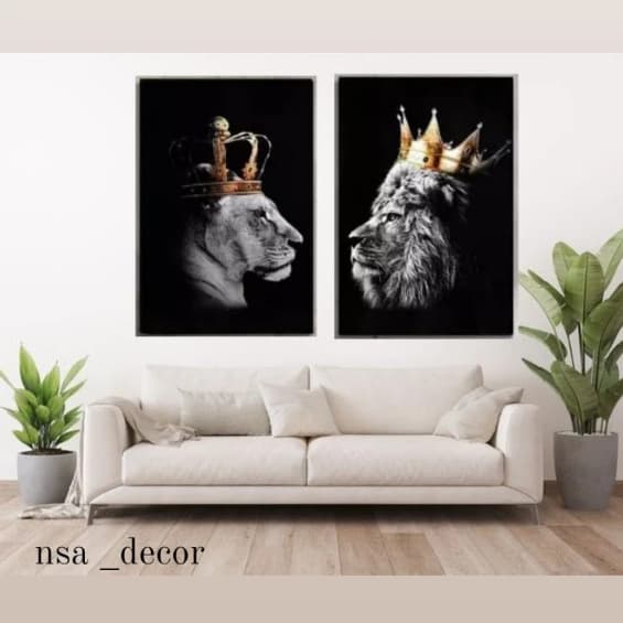 Quadro Decorativo leão e rainha nórdico branco e preto