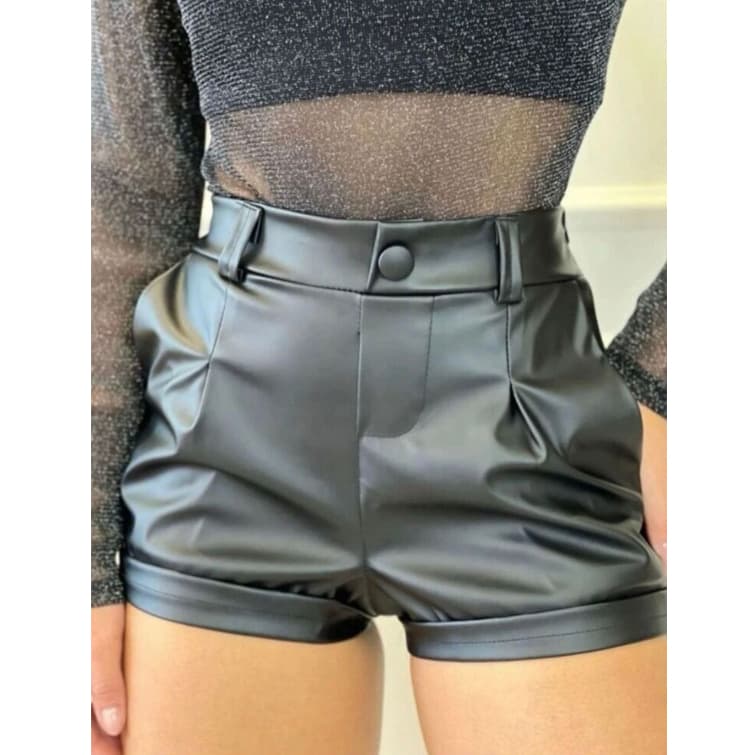 Short Couro Fake com Botões Feminino Cintura Alta Bolso Curto Confotável Rodeio Festa Junina Show Roupas Femininas