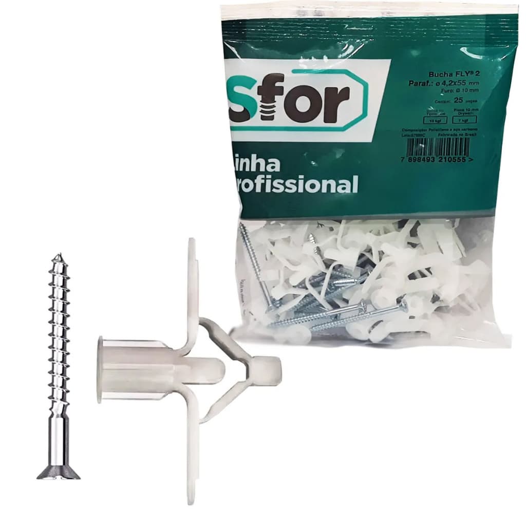25pcs Bucha Fly 2mm C/ Aba Gesso Drywall + Parafuso 4,2x55mm