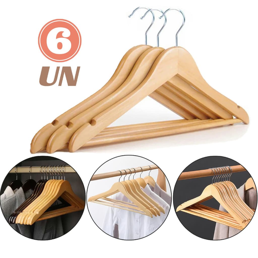 Kit 6 Cabides Madeira Luxo com Gancho Giratório de Metal – Ideal Para Paletós, Camisas e Calças
