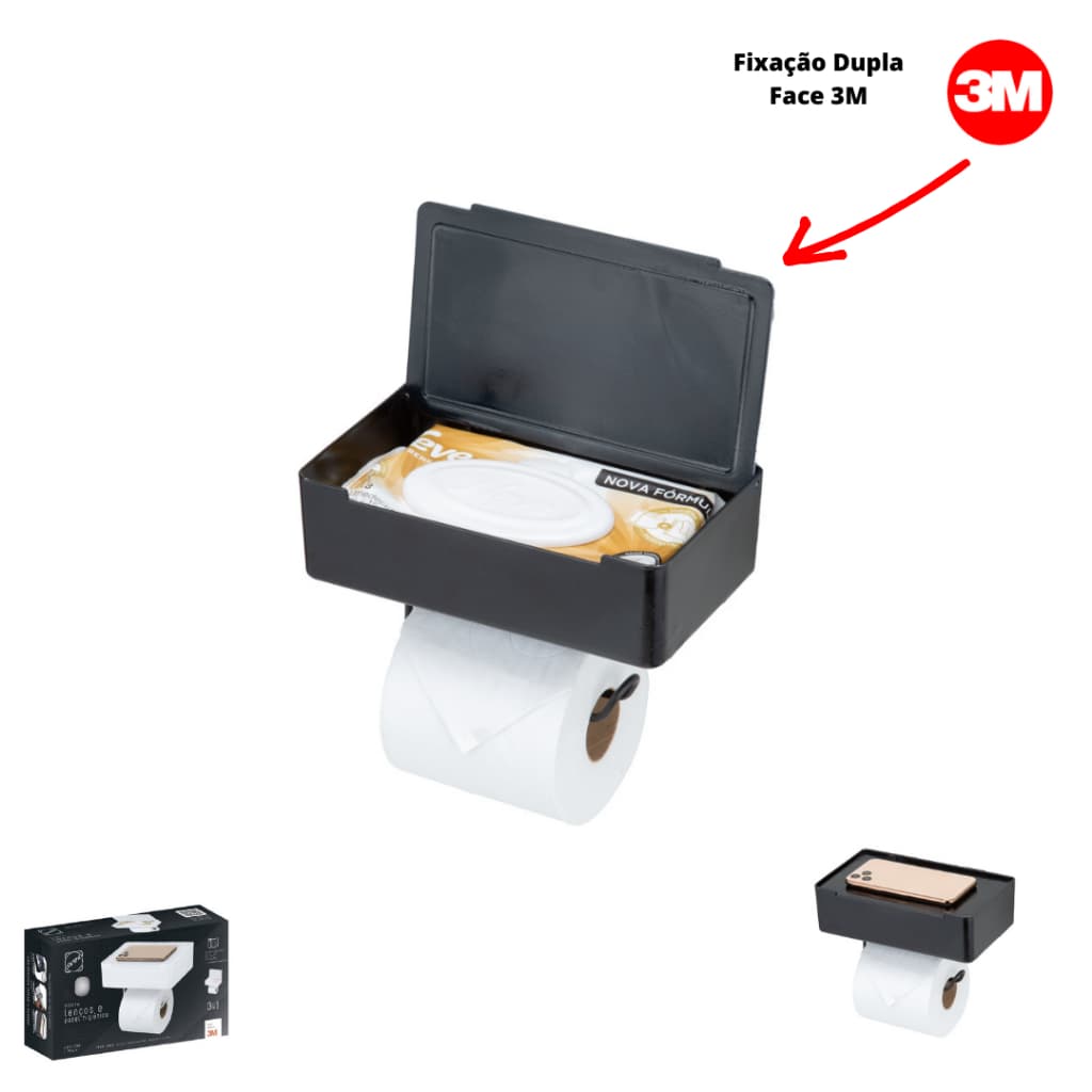 Suporte Porta Papel Higiênico Porta Celular Papeleira Lenço Humedecido Box Sem Furo
