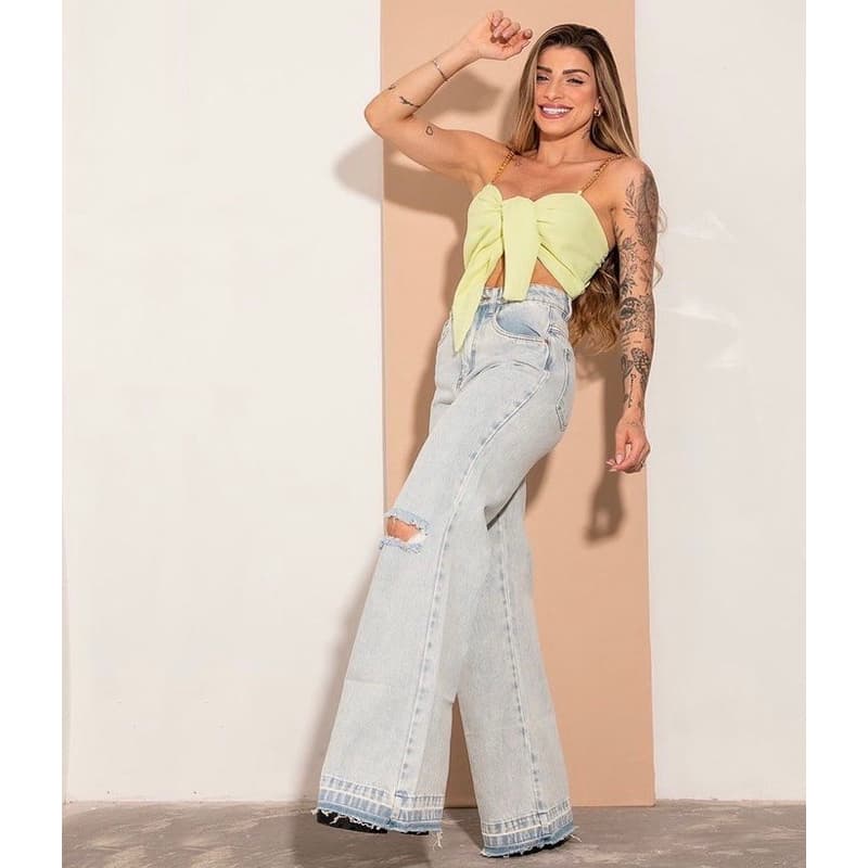 Wide leg aloha destroyed. calça jeans feminina WIDE leg tendência moda blogueira
