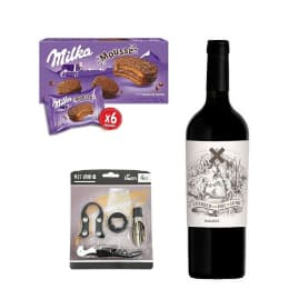 Kit Caixa Alfajor Mousse 6 uni + Vinho Cordero Com Piel de Lobo + Kit Vinho 4 peças