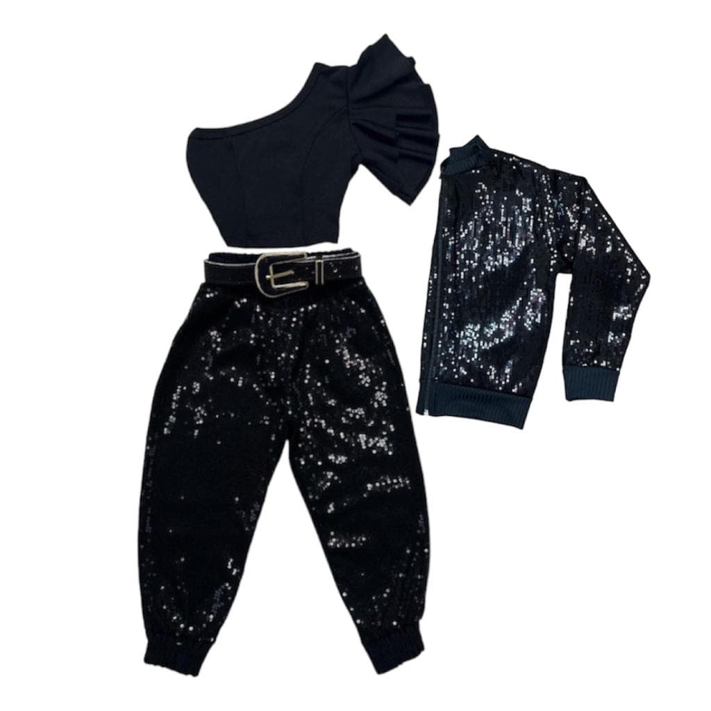 Conjunto De Brilho Infantil Cropped Jaqueta E Calça Jogger Paetê Look Inverno Blogueirinha