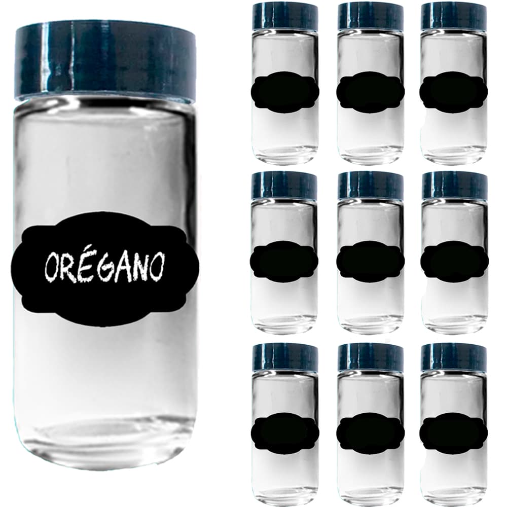 Frasco Pote Tempero Kit com 10 vidros de 100ml com tampa plástica e etiqueta impressa com o nome de tempero a escolher!