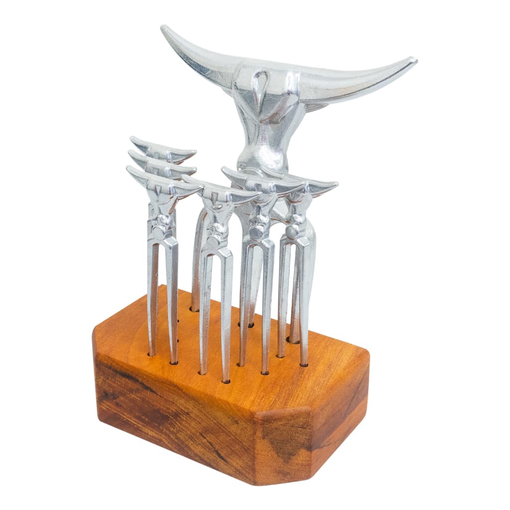 Kit Tridente + 6 Garfinhos Petiscos Churrasco + Base Madeira Rustica Gourmet
