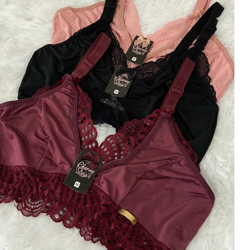 Kit 3 Sutia Amamentação Glamour Renda Poliamida Forrado Gestante