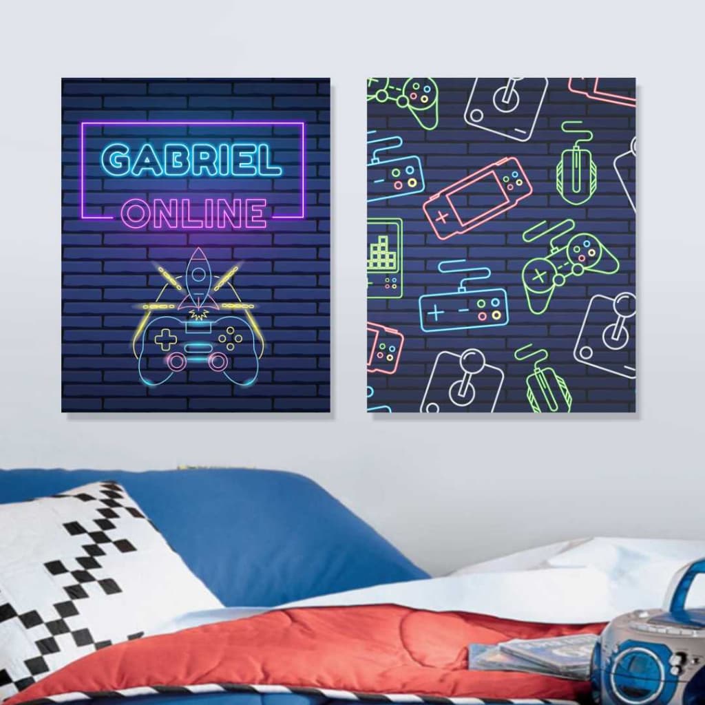 Quadros Decorativos Gamer Neon com Nome para Decoração de Quarto