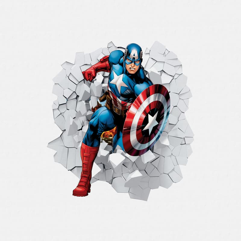 Adesivo Decorativo Capitão América Buraco Na Parede Efeito 3D Quarto Infantil Recortado