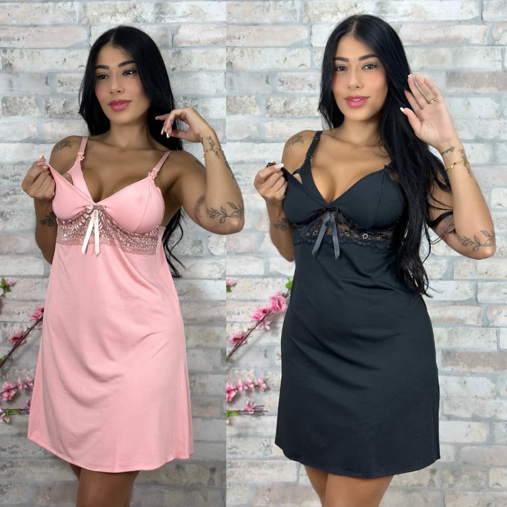 KIT 2 Camisolas Amamentação com Detalhe em Renda Saída Maternidade Grávida Gestante Lactante Pijama Confortável  BeLIT Linha Noite