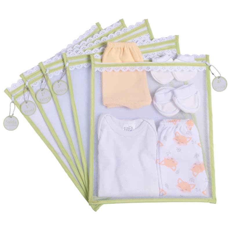 Kit c / 5 Saquinhos Maternidade (Verde) Tule com TAG ACRÍLICA e ZÍPER Organizadores 30x35 cm
