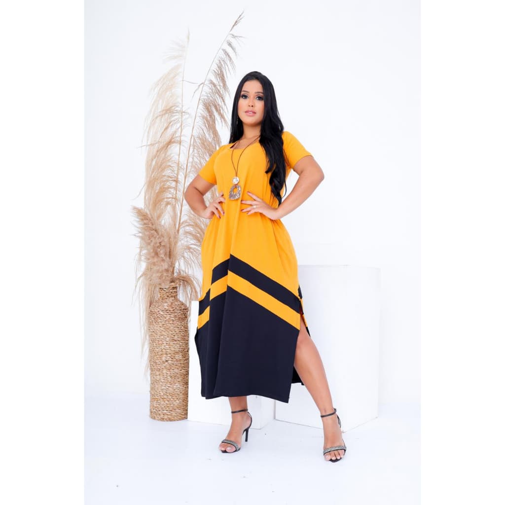 Vestido Midi Saruel Longo com Manga Curta Barra bicolor com Bolsos Moda Evangelica Outono Inverno Plus