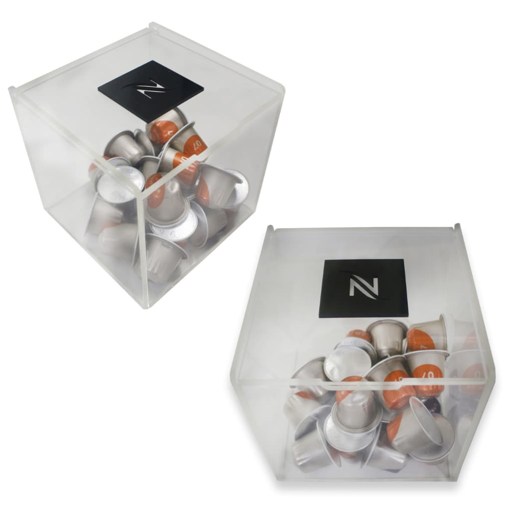 Caixa Cubo Acrílico Premium porta Cápsulas Nespresso com logo 13x13x13cm Café