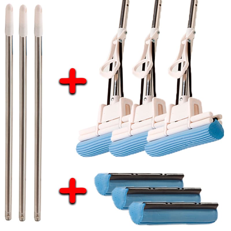 Kit 3 Rodo Mágico Mop Esfregão Com 3 Refis Extra Espuma PVA Azul