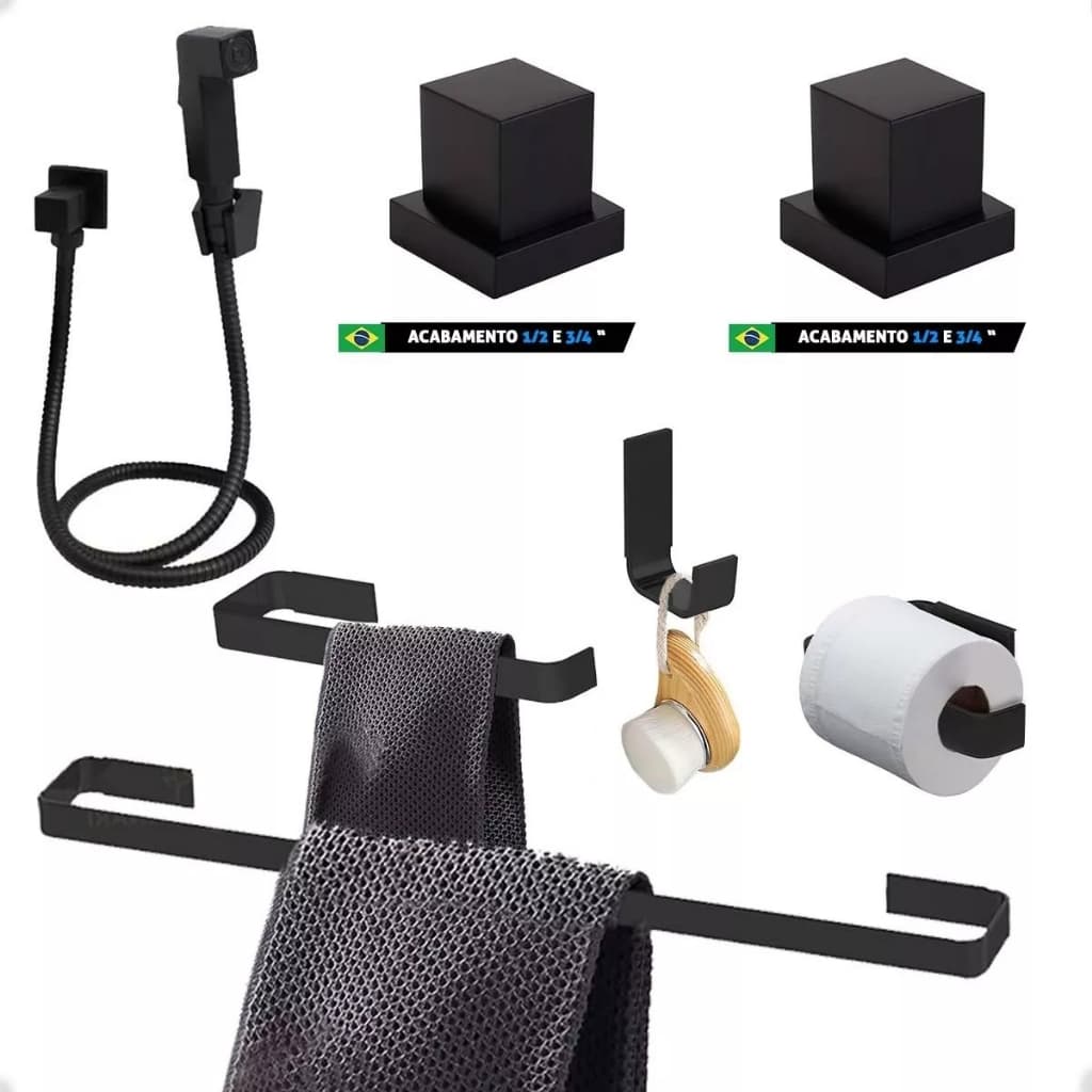 Kit de Acessórios Banheiro Quadrado Preto Luxo Ducha Higiênica acabamentos registro padrão deca
