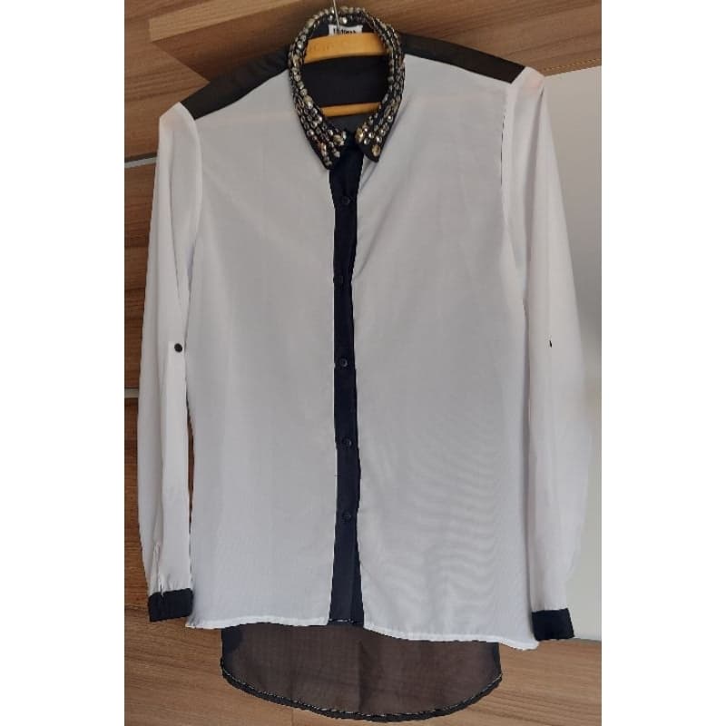 Camisa Manga Longa Preta e Branca com Pedraria/M