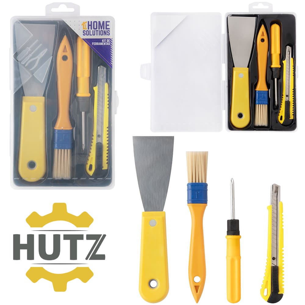 KIT FERRAMENTA COM ESPATULA DE METAL + CHAVE PHILLIPS + ESTILETE E PINCEL HUTZ