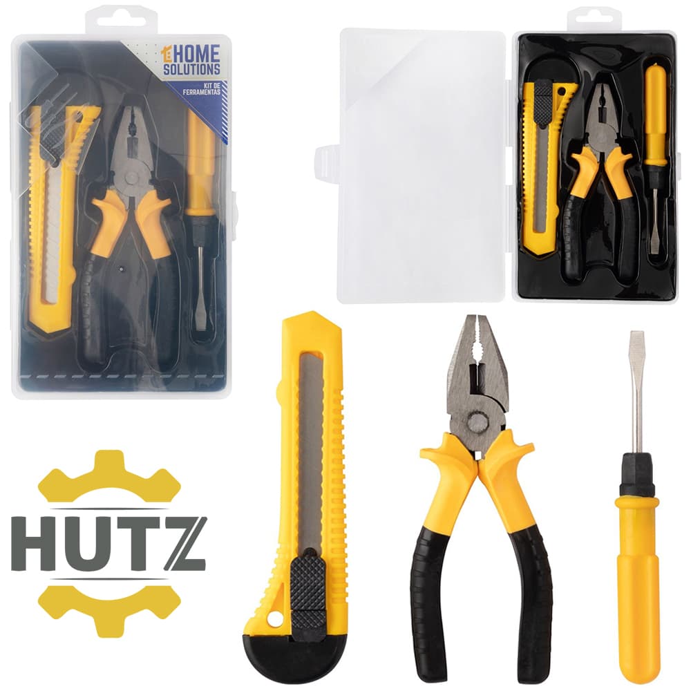 KIT FERRAMENTA COM ALICATE UNIVERSAL + ESTILETE E CHAVE FENDA / PHILIPS PONTA DUPLA HUTZ