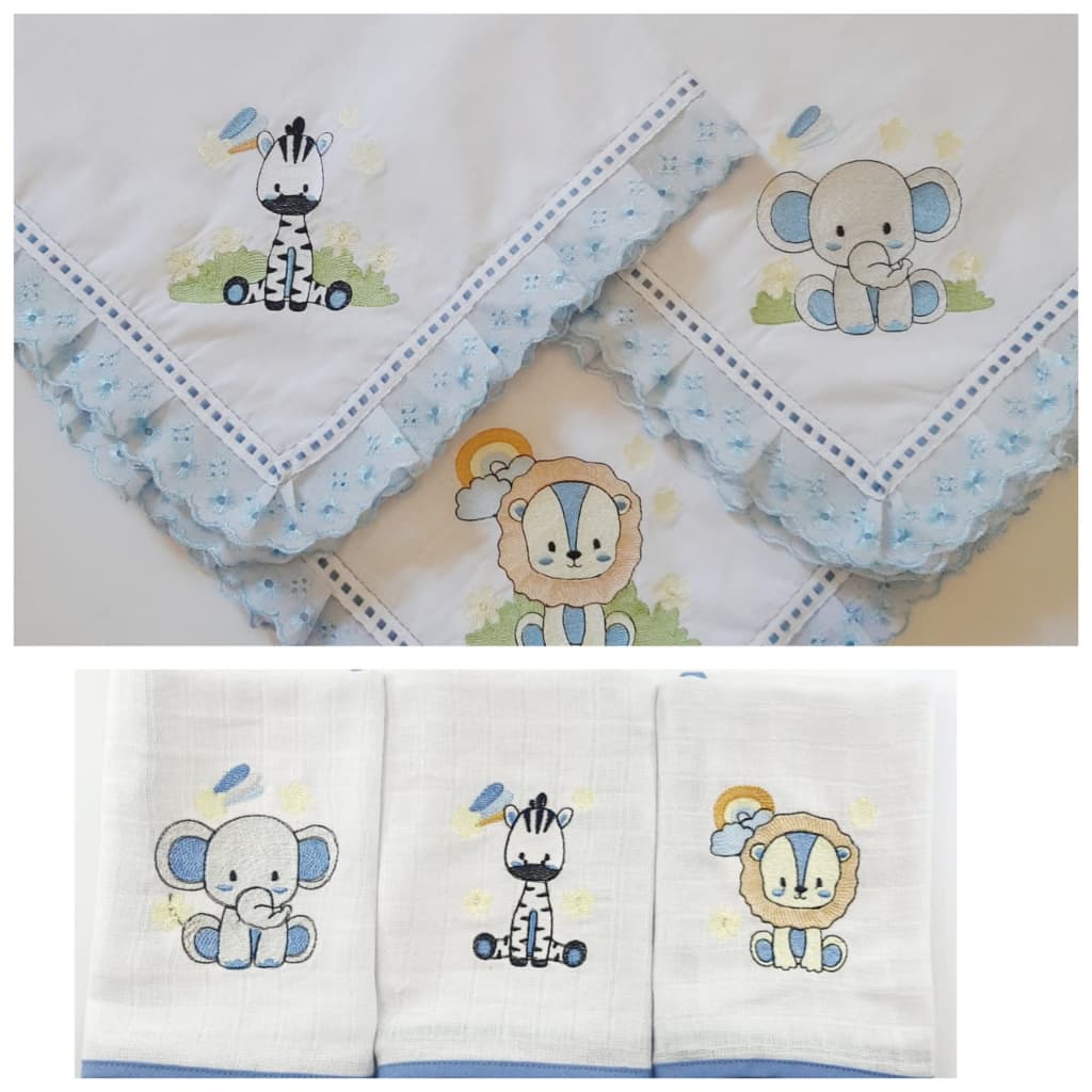 Kit manta Cueiro + Fralda de Boca Bordada 6 Peças azul safari
