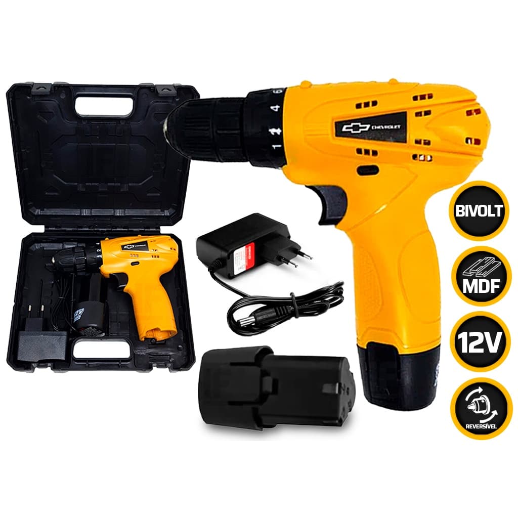 Parafusadeira Furadeira à Bateria Mandril 3/8 Polegadas 12v Bivolt Com Maleta Carregador